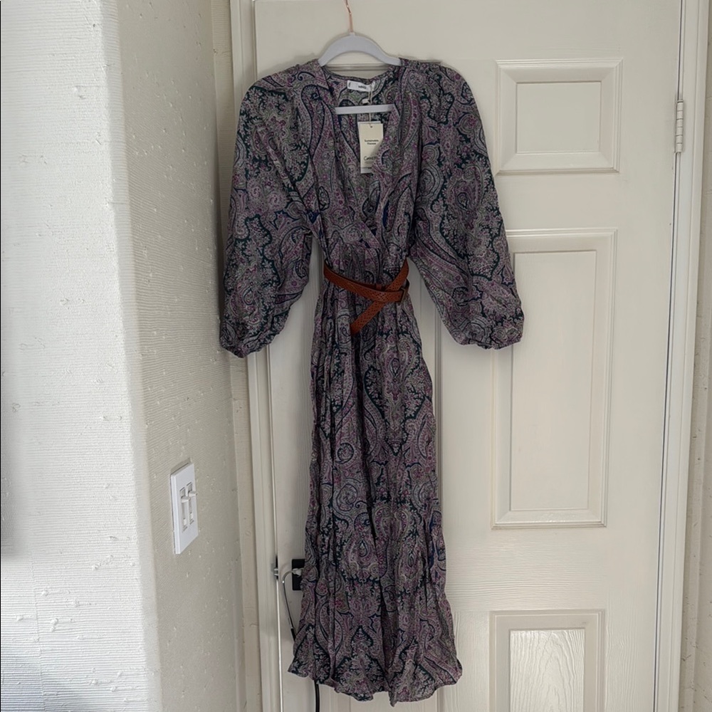 Purple Paisley Wrap Sundress with Plunge Neckline and Bishop Sleeves
